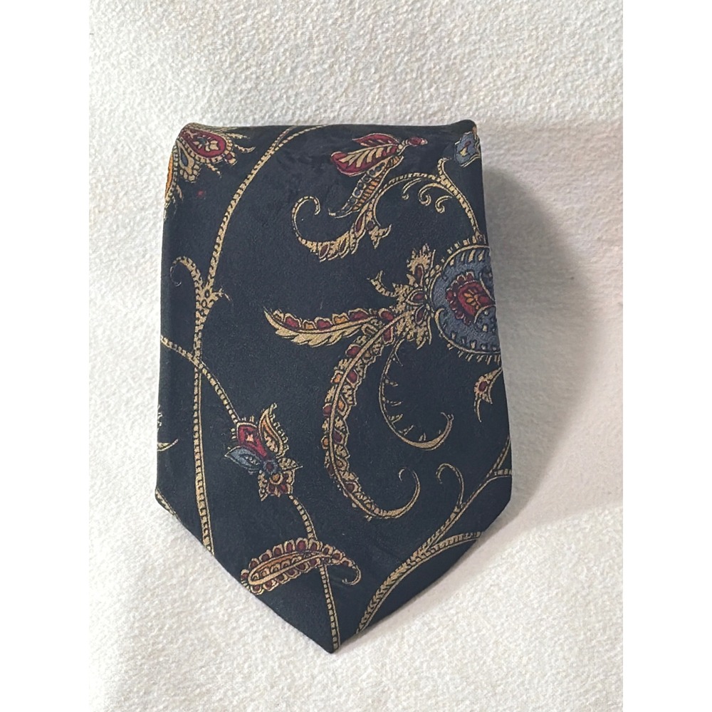 Raphael Roma Milano Mens Silk Tie Black Paisley Floral Gold Red Made in Italy